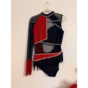Sparkling Rhinestone Fringe Dance‎ Costume Leotard Black Red Baton size XL